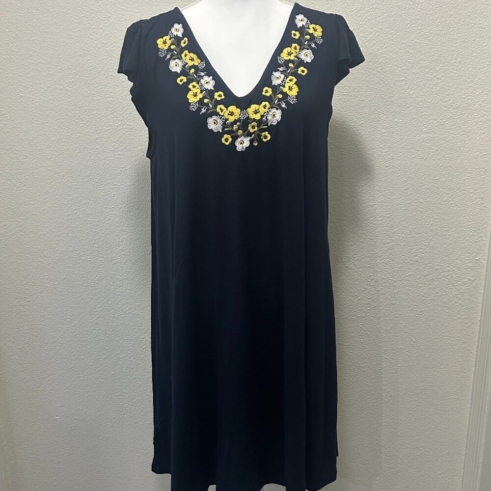 Loft navy swing dress with yellow and white embroidered flowers, v-neck, large